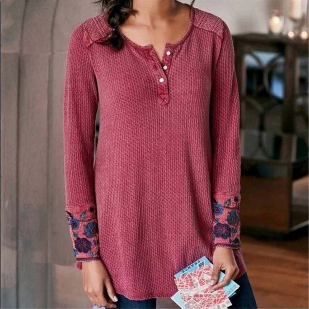 Soft Surroundings Palmer Waffle Knit Tunic Top Embroidered Sleeve Women’s Large